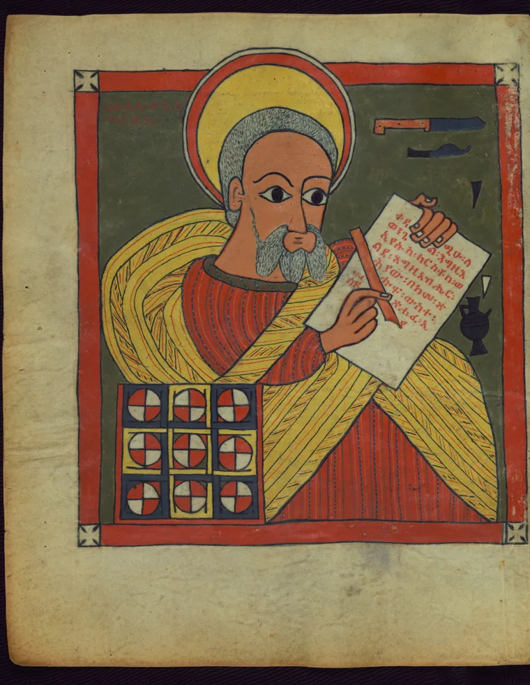Evangelist portrait of St Mark from the Gunda Gunde Gospels, writing with a reed pen.
