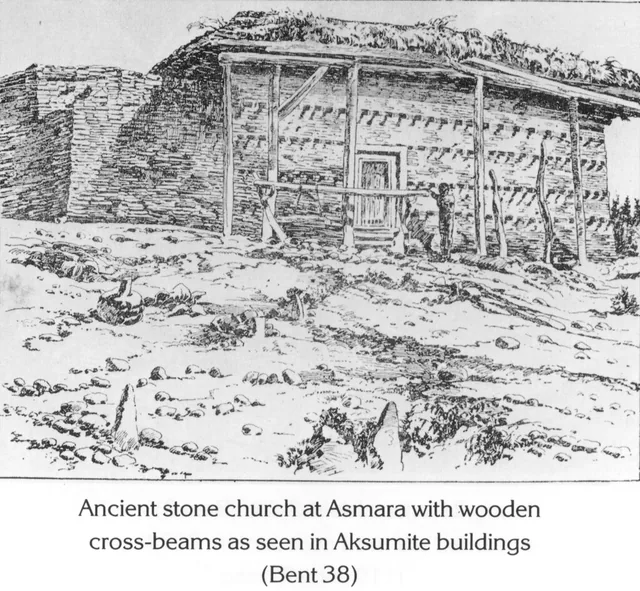 A sketch of an ancient stone church in Asmara featuring traditional Aksumite-style wooden cross-beam construction.
