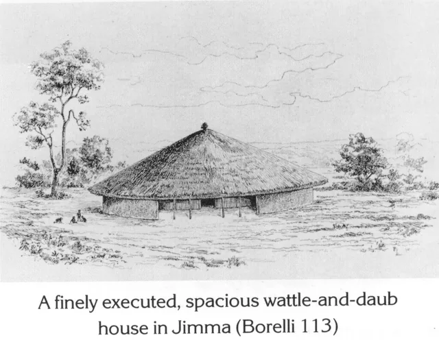 A drawing of a traditional round, thatched-roof house in Jimma.