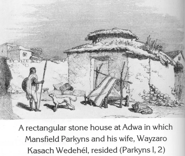 A sketch of a traditional stone house in Adwa with a person standing outside holding a spear and shield.