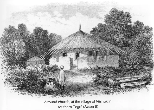 A traditional round Ethiopian church with a thatched roof is depicted in a village setting with two figures in the foreground.