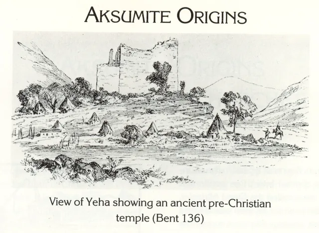 A sketch depicting the ruins of the ancient temple at Yeha surrounded by a landscape with small dwellings.