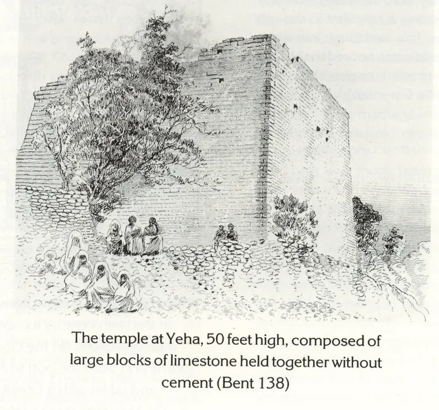 An engraving of the ancient temple at Yeha with several people sitting in the foreground.