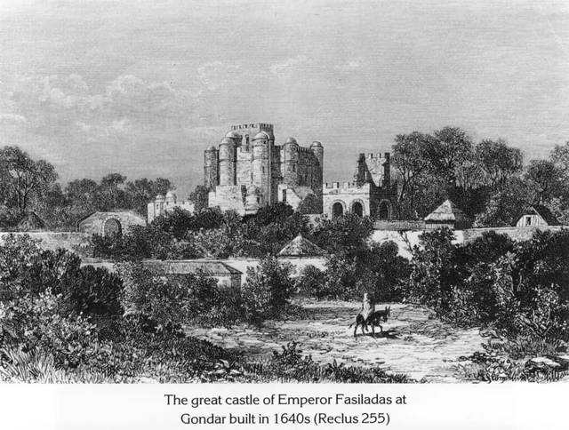 An engraving depicting the Fasil Ghebbi castle complex in Gondar, Ethiopia, with a figure on a mule in the foreground.