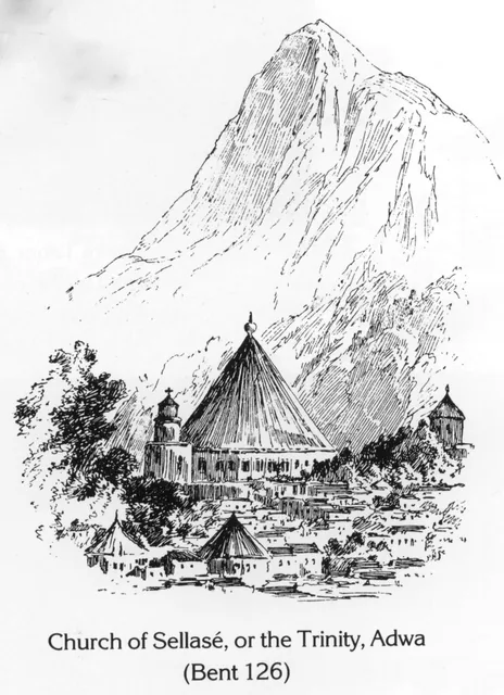 An engraving depicting the Church of Sellasé situated at the base of a large mountain in Adwa.
