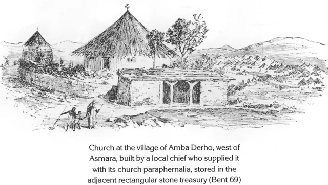 A sketch of a church with a conical roof and an adjacent rectangular stone treasury in the village of Amba Derho.