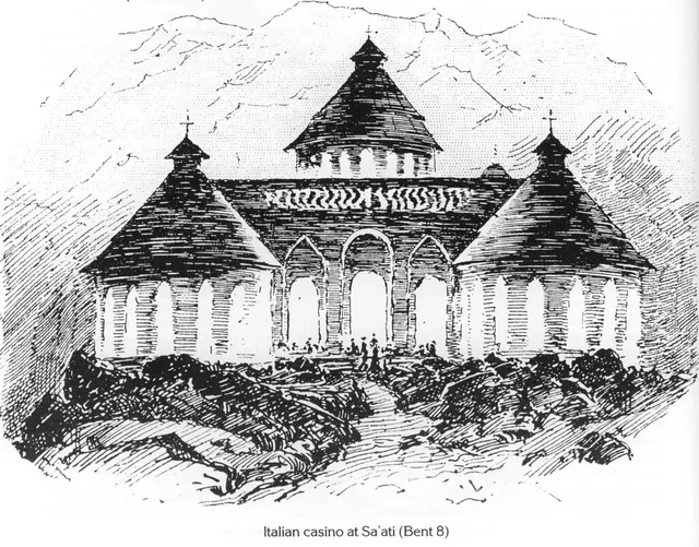 A line drawing of the Italian casino building at Sa'ati.