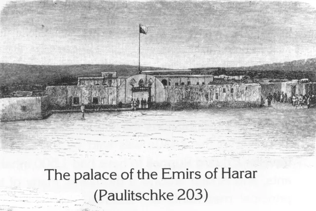 A view of the palace of the Emirs of Harar with a flag flying above the entrance.