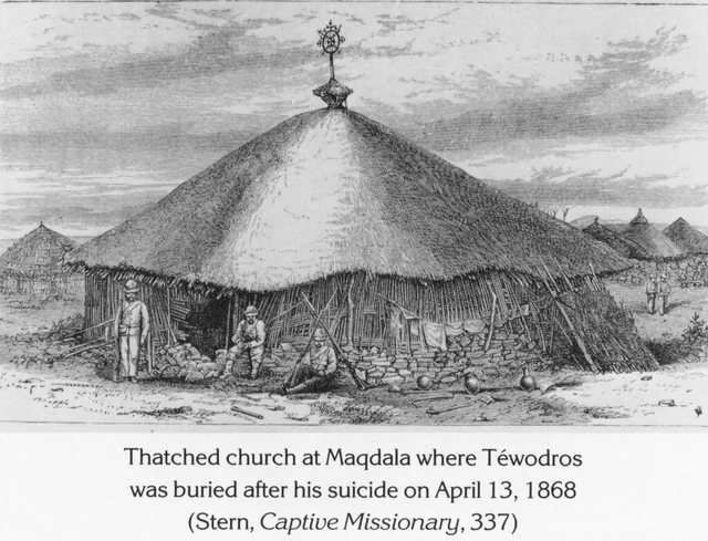 A group of British soldiers sits in front of a traditional thatched Ethiopian church at Maqdala.