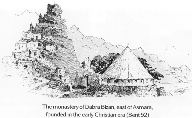 A sketch of the Dabra Bizan monastery buildings situated on a rocky mountain slope.