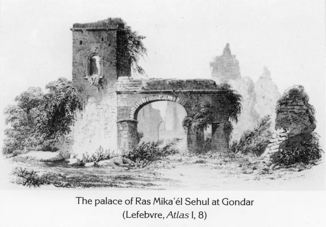 A view of the ruined stone archway and tower of the palace of Ras Mika'él Sehul in Gondar.