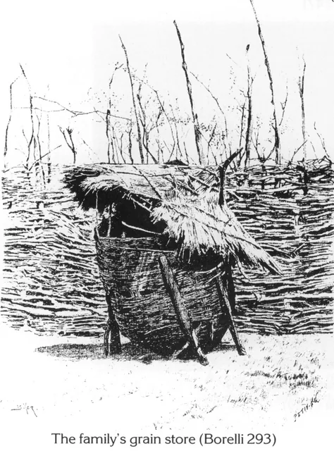 A drawing of a traditional woven grain storage container with a thatched roof.