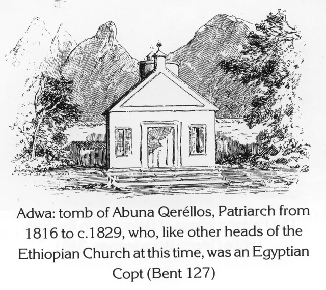 A drawing of the tomb of Abuna Qeréllos in Adwa, set against a mountainous landscape.