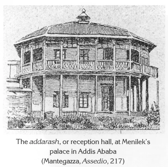 A sketch of the addarash, a two-story reception hall with a veranda, located at Menelik II's palace in Addis Ababa.