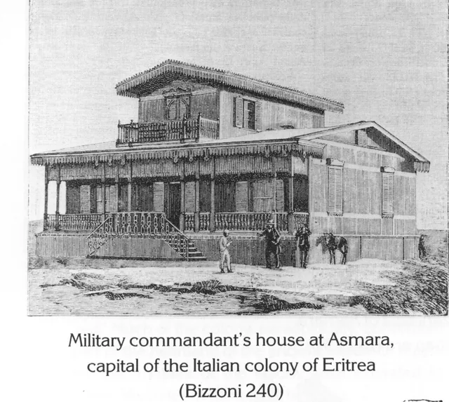 A drawing of the military commandant's house in Asmara, featuring a wooden structure with a veranda and balcony.