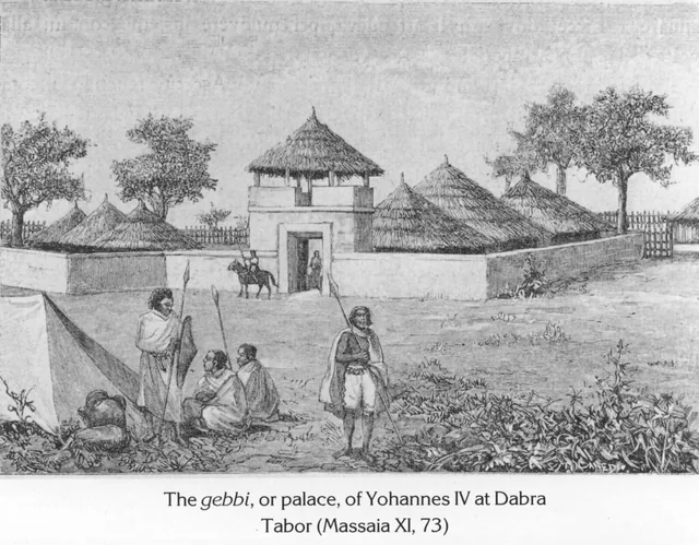 An engraving depicting the palace compound of Emperor Yohannes IV at Dabra Tabor, with armed guards and figures in the foreground.