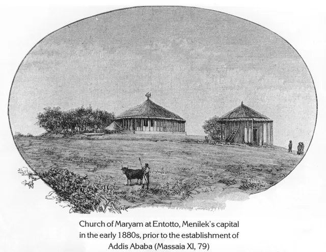 A view of the Church of Maryam at Entotto with traditional round buildings and a figure with cattle in the foreground.