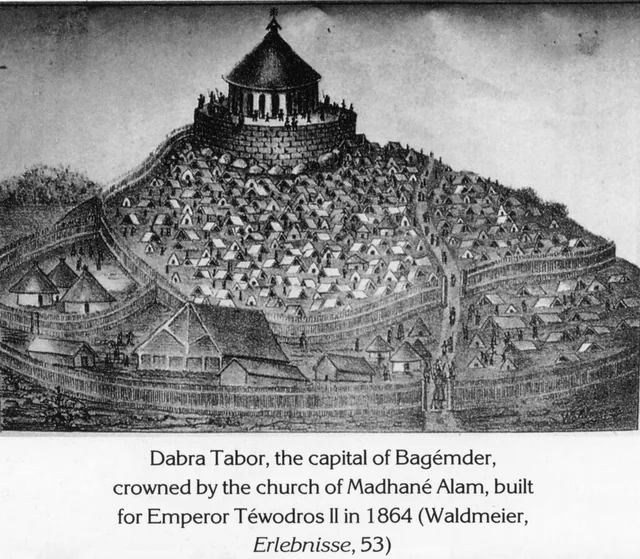 An engraving depicting the town of Debre Tabor with the church of Madhane Alem at the summit.