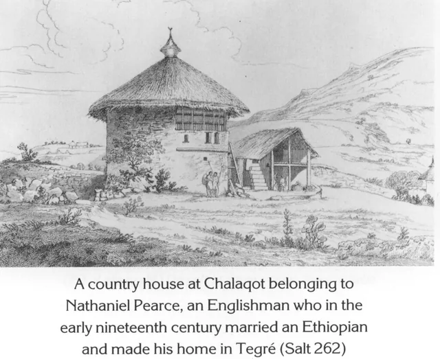 A drawing of a traditional Ethiopian-style house with a thatched roof and a smaller adjacent structure in Chalaqot.