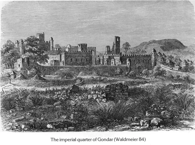 A view of the Fasil Ghebbi, the imperial castle complex in Gondar, Ethiopia.