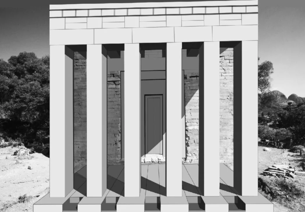 A reconstruction of the front porch of the Great Temple of Yeha, with the six iconic pillars. (Source, https://www.researchgate.net/figure/A-reconstruction-of-the-front-facade-of-the-Great-Temple-of-Yeha-with-six-pillars-and-a_fig3_288295829)