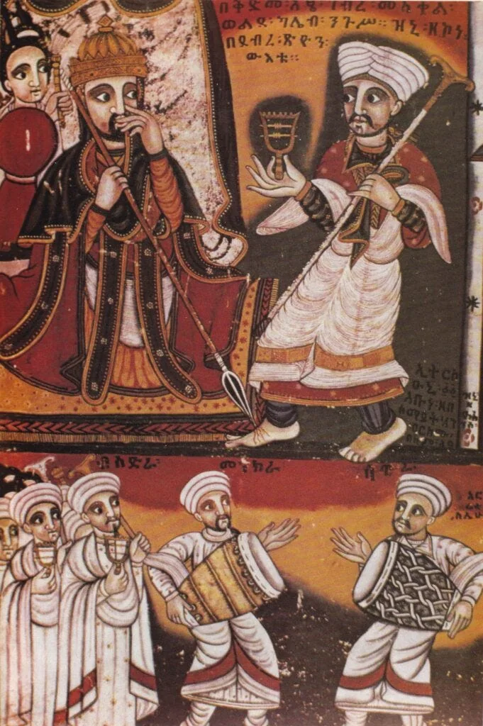 Saint Yared performing for Emperor Gebre Meskal. (Source)