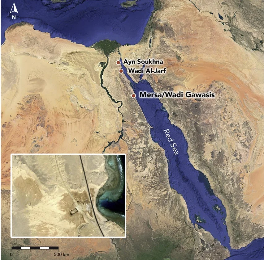 Map of Egypt showing the location of the three Dynastic harbours of Mersa/Wadi Gawasis, Ayn Soukhna and Wadi Al-Jarf, and inset with the satellite image of Wadi Gawasis (Source)