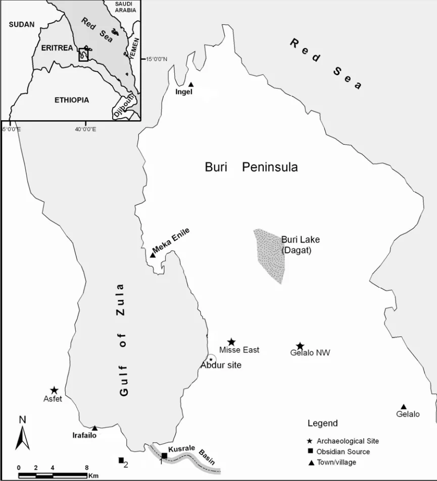 Map showing the Kusrale Basin in the Gulf of Zula, Eritrea. Source: X-ray Fluorescence and Neutron Activation Analysis of Obsidian from the Red Sea Coast of Eritrea, pg 7.
