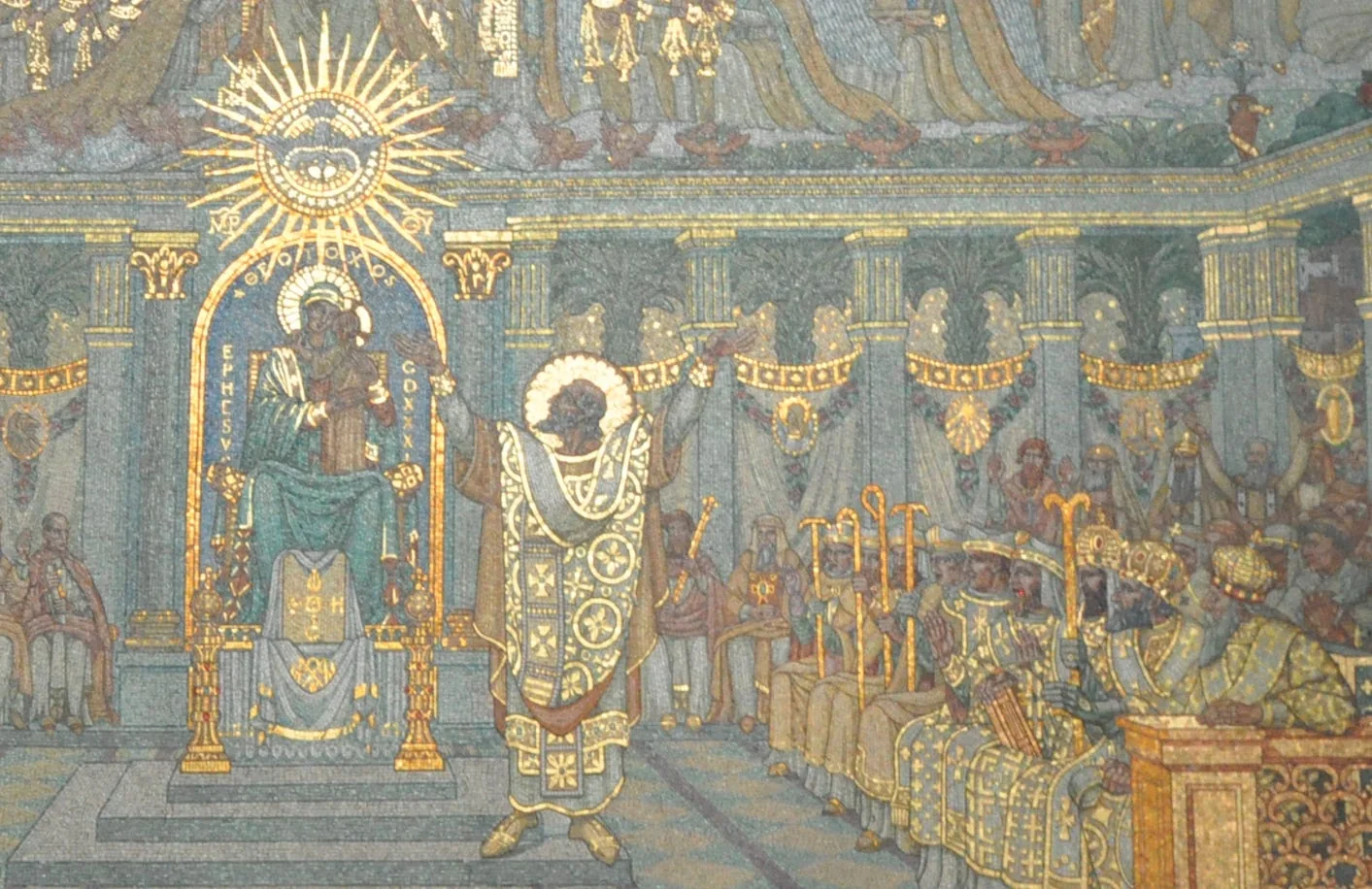 Council of Ephesus depiction, Cyril of Alexandria is shown praising Mary and Baby Jesus, who are seated on the throne—an artwork in the Cathedral of Notre-Dame de Fourvière. Source