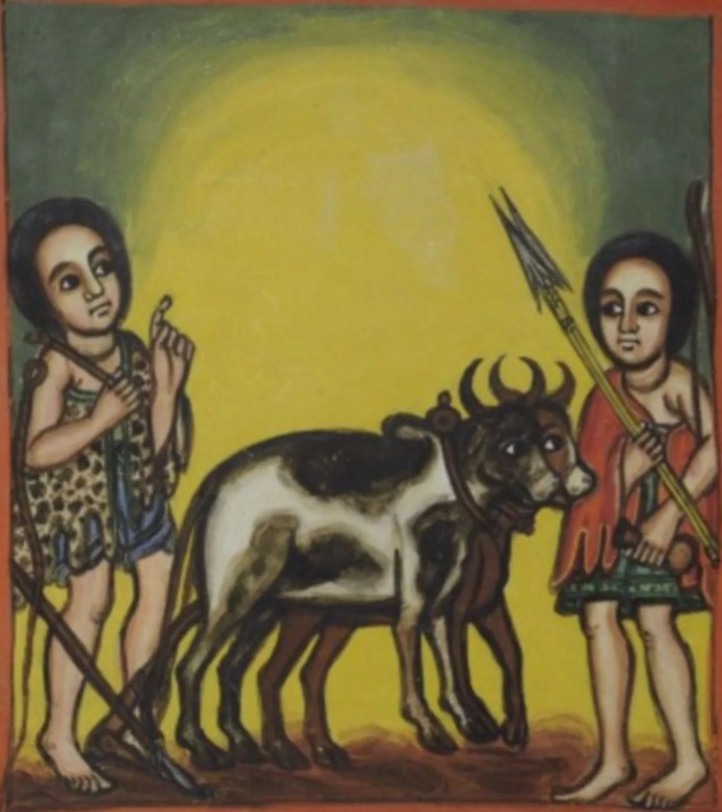A painting of the “Cannibal of Qemer” from a medieval manuscript made in Gojjam, Abyssinia. Note the clothes that the cannibal and the farmer are wearing…