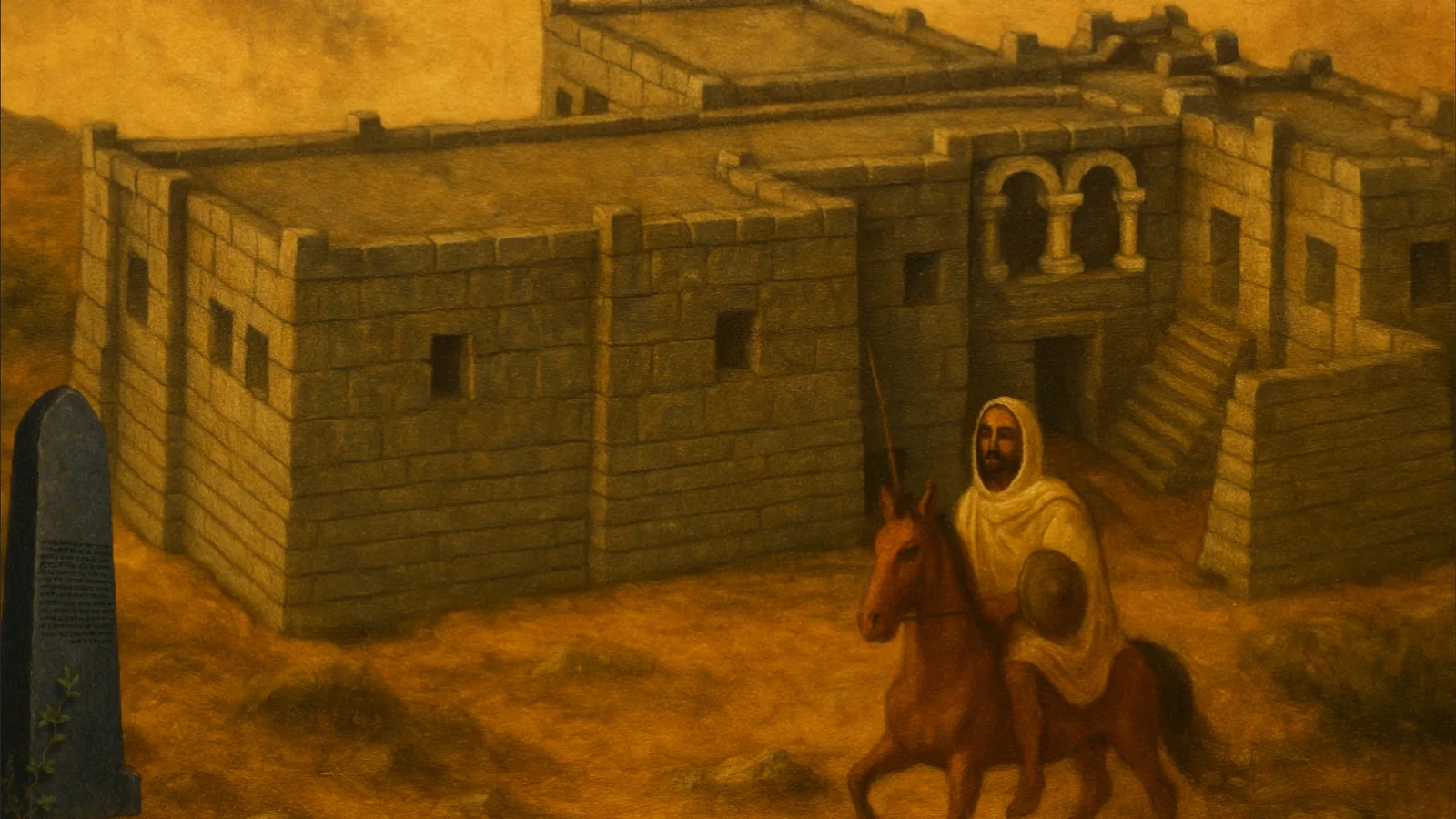 Zoskales in front of the king’s palace at Adulis; to the left stands the basalt stele. Source: Own Work.