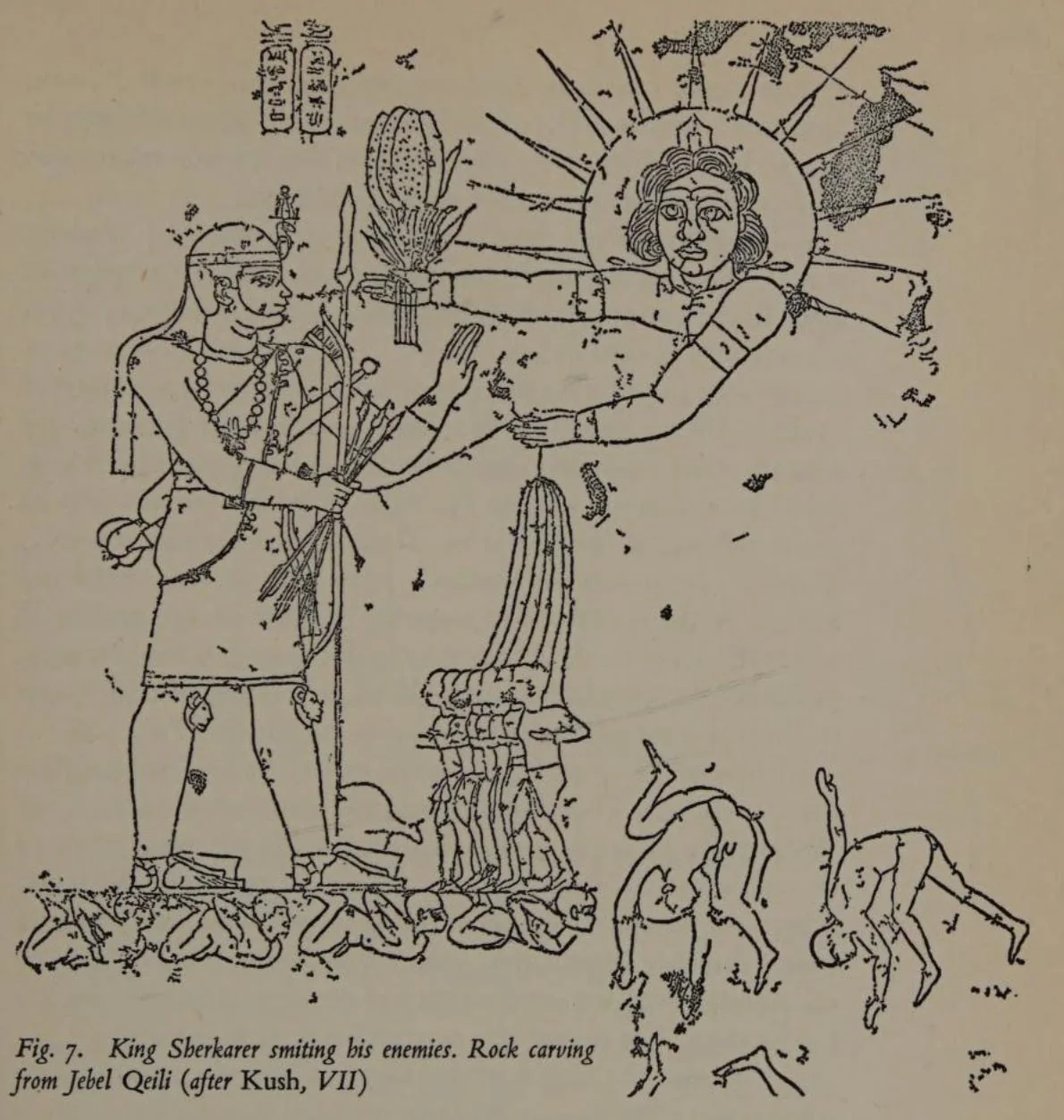Rock carving at Jebel Qeili, depicting King Sherkarer defeating his enemies. Source: Meroe : a civilization of the Sudan, pg 51.