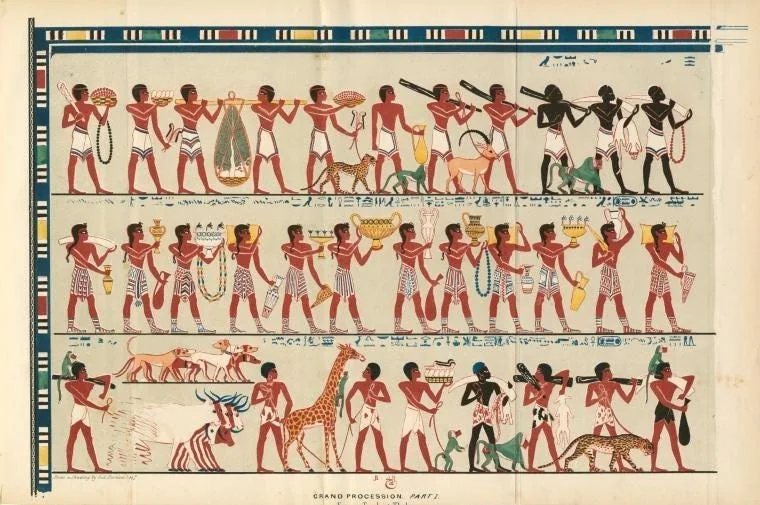 Vizier Rekhmire Grand Procession mural at Thebes, Egypt. Top row=Puntites (left), Nilotes (far right); Middle row=Cretans; Bottom row=Hamitic-type Nubians, Nilote (center-right). (Source)