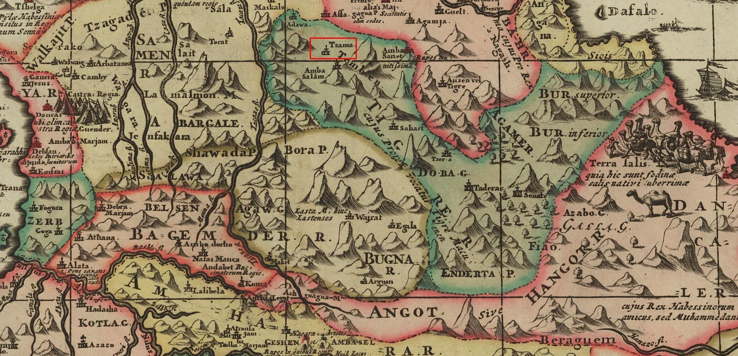 The region of Tzama is highlighted in this snippet of a map of Abyssinia by Ludolf & Gorgoryos, 1683. Source