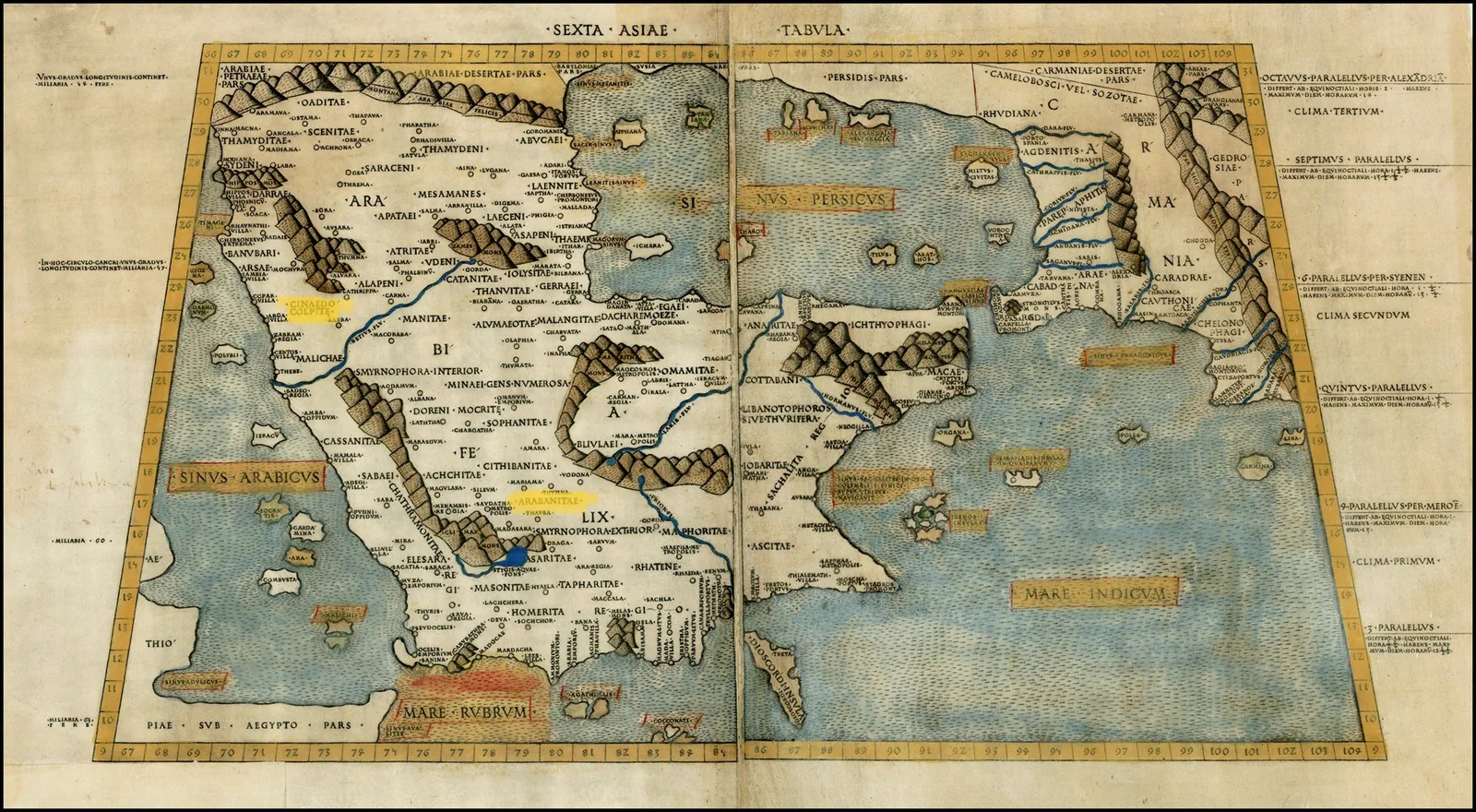 Map of Arabia based on Jacopo d'Angelo's translation of Ptolemy (1478). The Cinaedocolpitae/Kinaidocolpitai are located in the northwest. (Source)