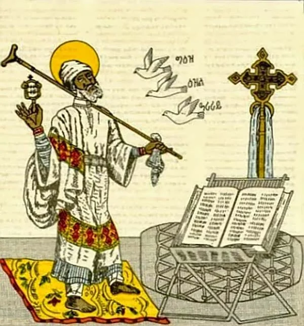 Saint Yared meets the three angels (in the form of doves), each presenting the three chants. From the top, Ge'ez. Ezil, and Araray. (Source)