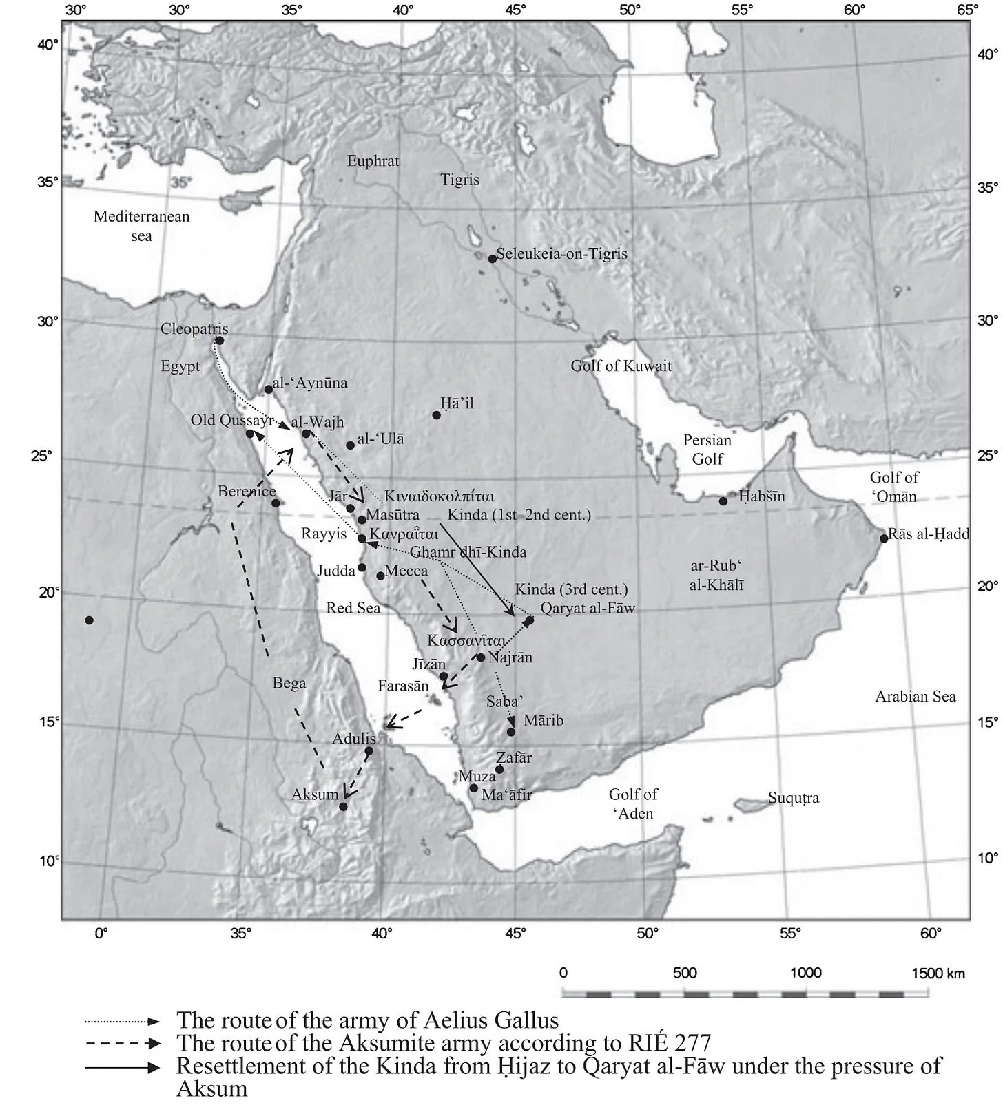 Proposed route (dotted arrow) taken by the conqueror mentioned in Monumentum Adulitanum II during his campaigns in South Arabia. Source: Towards the earliest history of Kinda Fig. 1