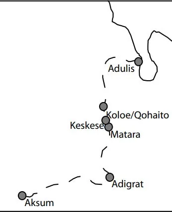 A map illustrating the route from Adulis to Aksum, passing through urban settlements. (The Ancient Red Sea Port of Adulis and the Eritrean Coastal Region, pg, 4)