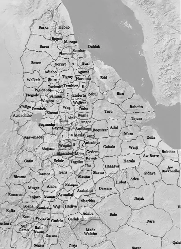 Map depicting the medieval provinces of Abyssinia and its peripheral territories. Source (Note: Number 9 is Akele Guzai; however, Buri/Bur sometimes encompassed Akele Guzai)