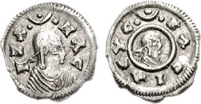 Silver Aksumite Coins, depicting Emperor Ezana, note the sun and crescent symbol at the top. (Source)