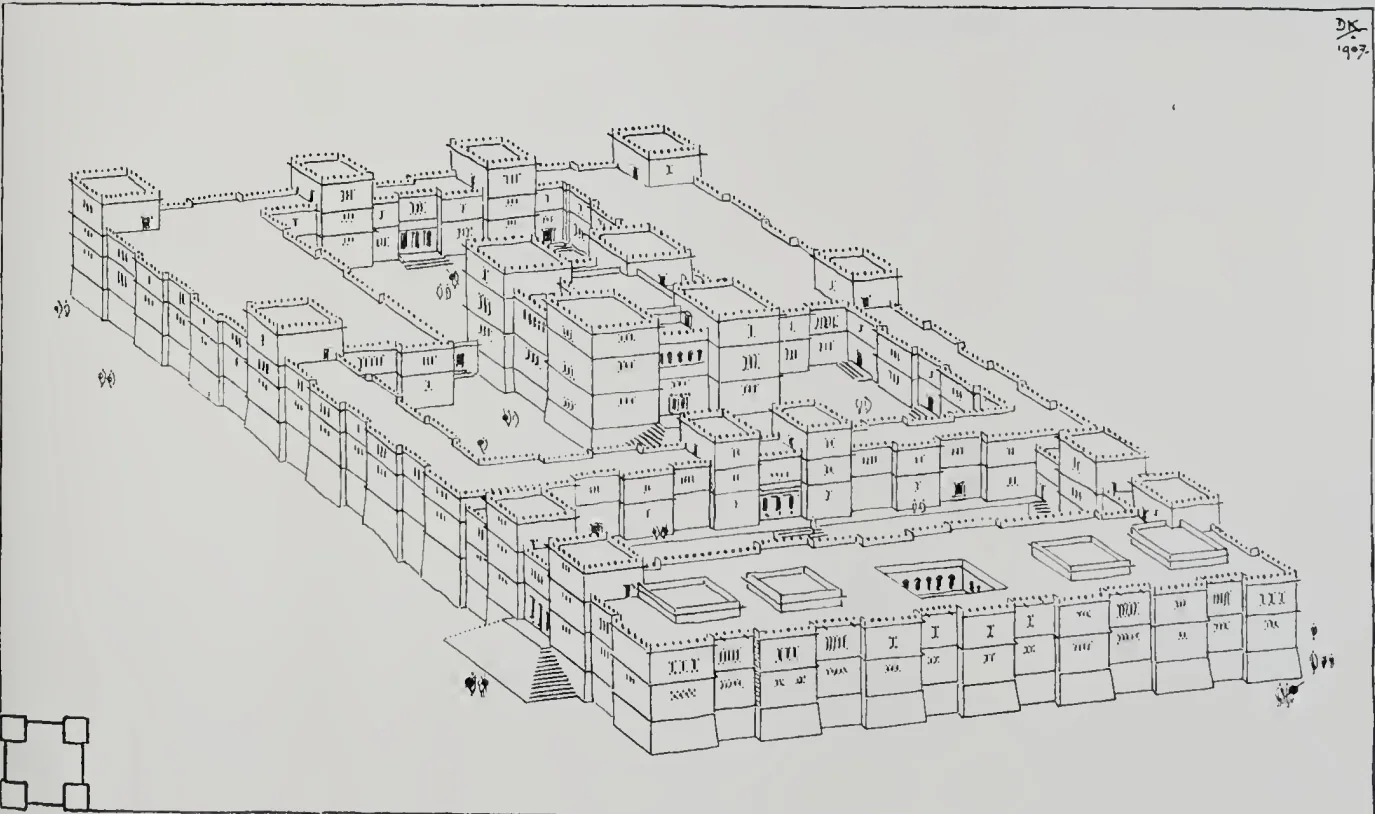 Reconstruction of Ta'akha Maryam Palace by Daniel Krencker. (Source: Ältere denkmäler Nordabessiniens, pg 113/Abb 251)