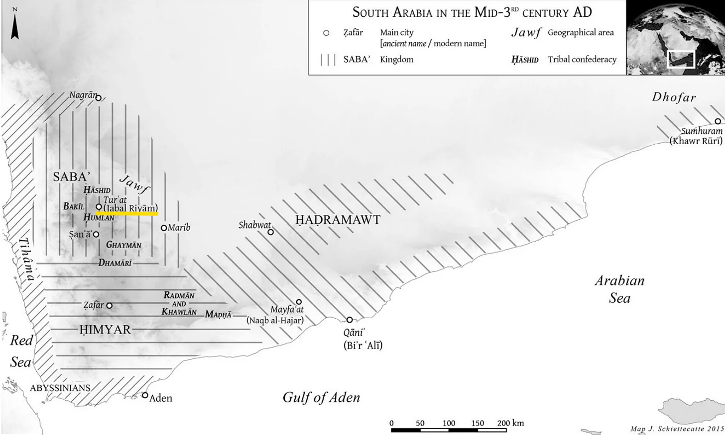 Jabal Riyam, the location where these inscriptions were found, is highlighted. Source: The political map of Arabia and the Middle East in the third century AD revealed by a Sabaean inscription, pg 177.