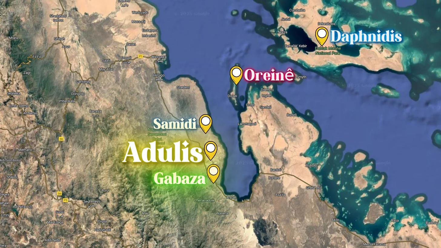 Rough map of Adulis and known locations during antiquity, based on The Ancient Red Sea Port of Adulis, Eritrea: Results of the Eritro-British Expedition, 2004–5, Figure 5.2.