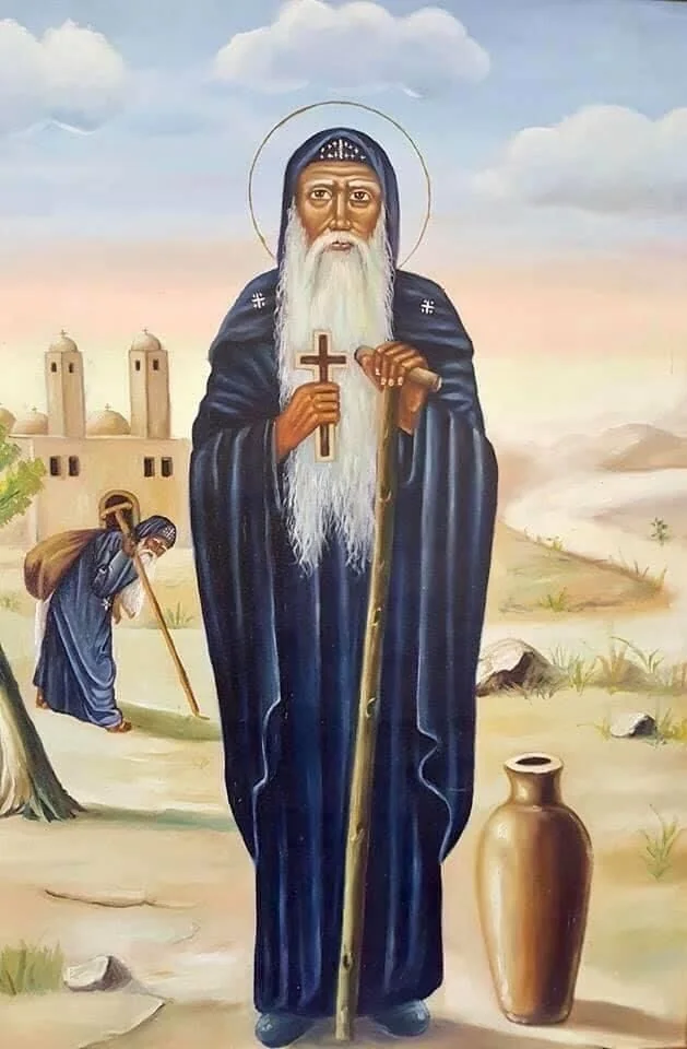 Painting Of Saint Moses, outside the monastery & holding a cross. (Source)