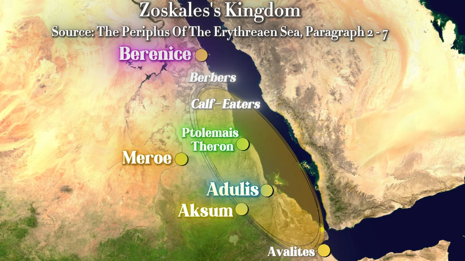 Approximate Map of Zoskales’s Kingdom Based on The Periplus of the Erythraean Sea (Paragraphs 2–7) – Own Work.