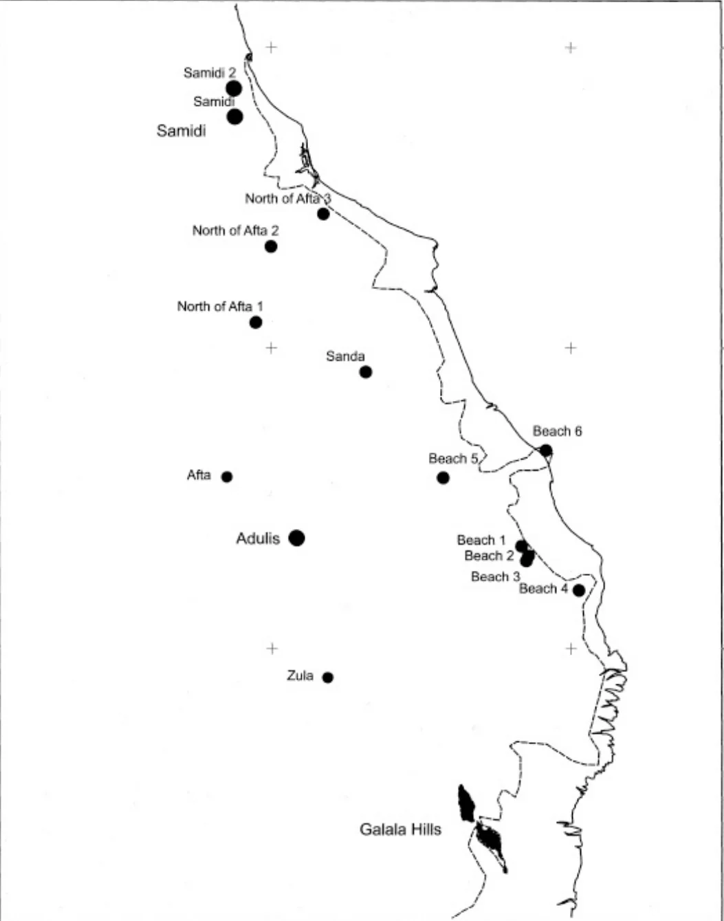 Map of Adulis and Surrounding Regions (Samidi → Samidi; Galala Hills → Port of Gabaza; East of Galala Hills → Diodorus Island) Source: The Ancient Red Sea Port of Adulis, Eritrea Results of the Eritro-British Expedition, 2004-5, Figure 5.2.