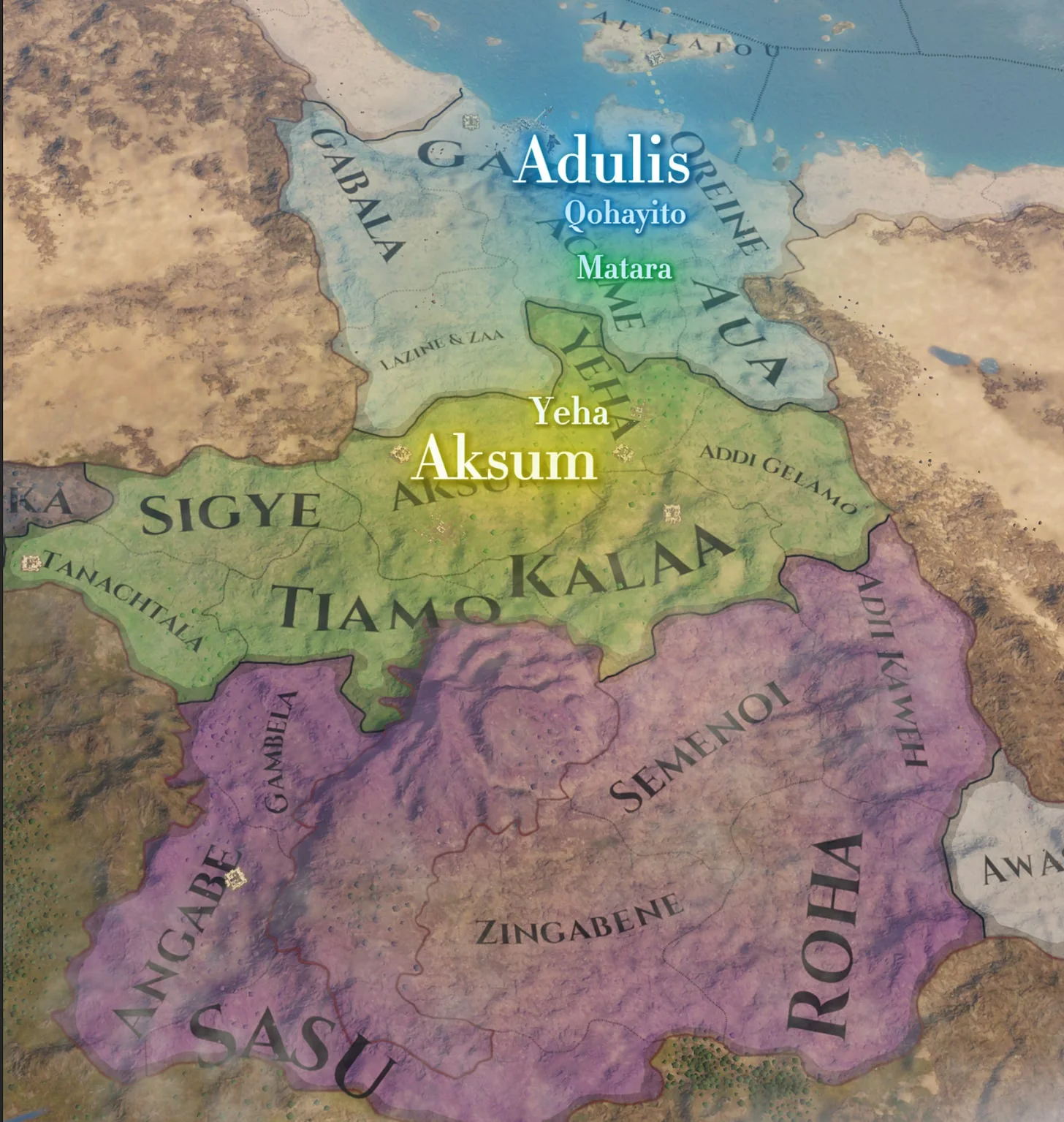 Rough map depicting the northern highlands and lowlands of Eritrea and Ethiopia in the early 2nd century AD. Own work.