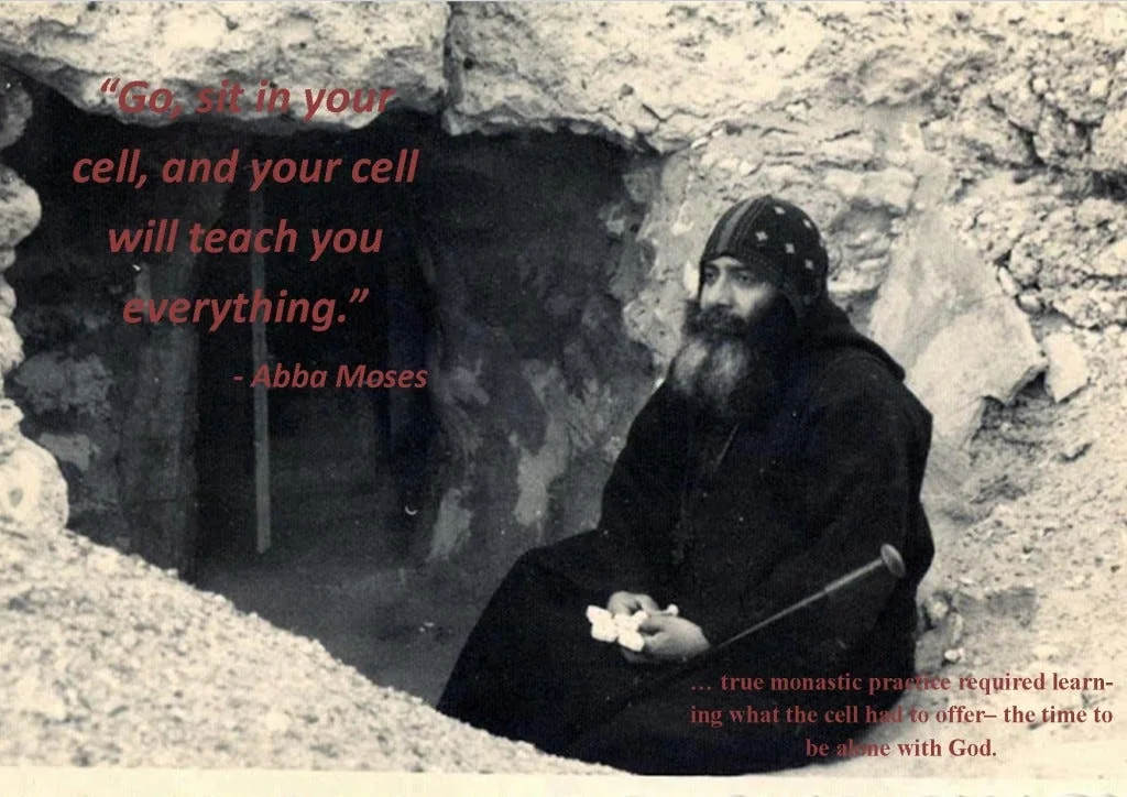 A Coptic Orthodox monk outside a traditional "cell", on the top-right a quote from Abba Moses. (Source)