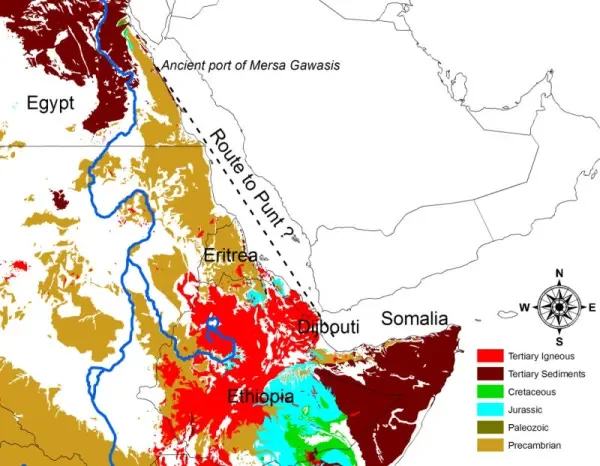 Geological formations in Northeast Africa, Precambrian, are highlighted in gold.(Source)