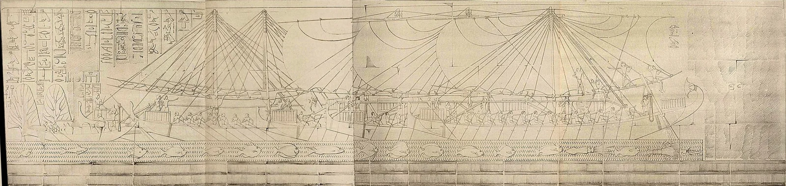 Scene 1: Ancient Egyptians disembark in Punt (far left), while further right, others are depicted sailing across the Red Sea to Punt. Source: Discourse on the Historical and Contemporary Importance of Queen Hatshepsut’s Punt Expedition, page 28.